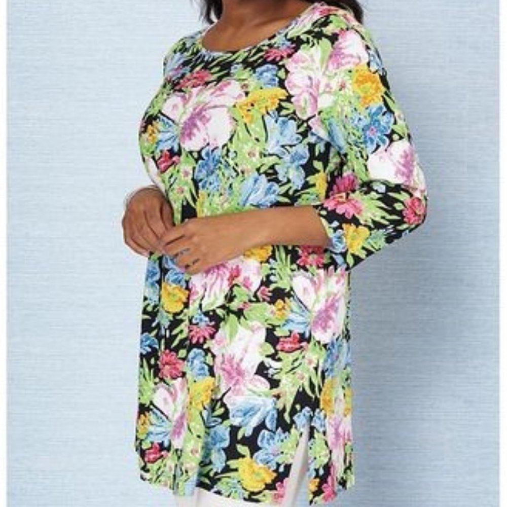Anthony Richards Printed Floral Tunic, Black Background with Beautiful Floral